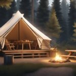A cozy canvas tent nestled among towering trees, with a crackling campfire, twinkling string lights, and a rustic picnic table set for a gourmet outdoor meal