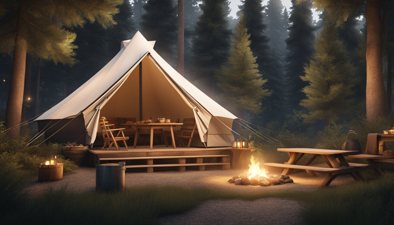 A cozy canvas tent nestled among towering trees, with a crackling campfire, twinkling string lights, and a rustic picnic table set for a gourmet outdoor meal