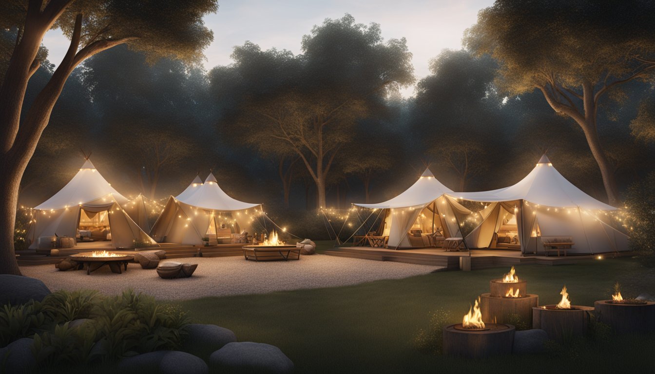 A row of opulent safari tents nestled among lush trees, with a cozy fire pit and twinkling string lights, creating a serene glamping retreat in Ontario