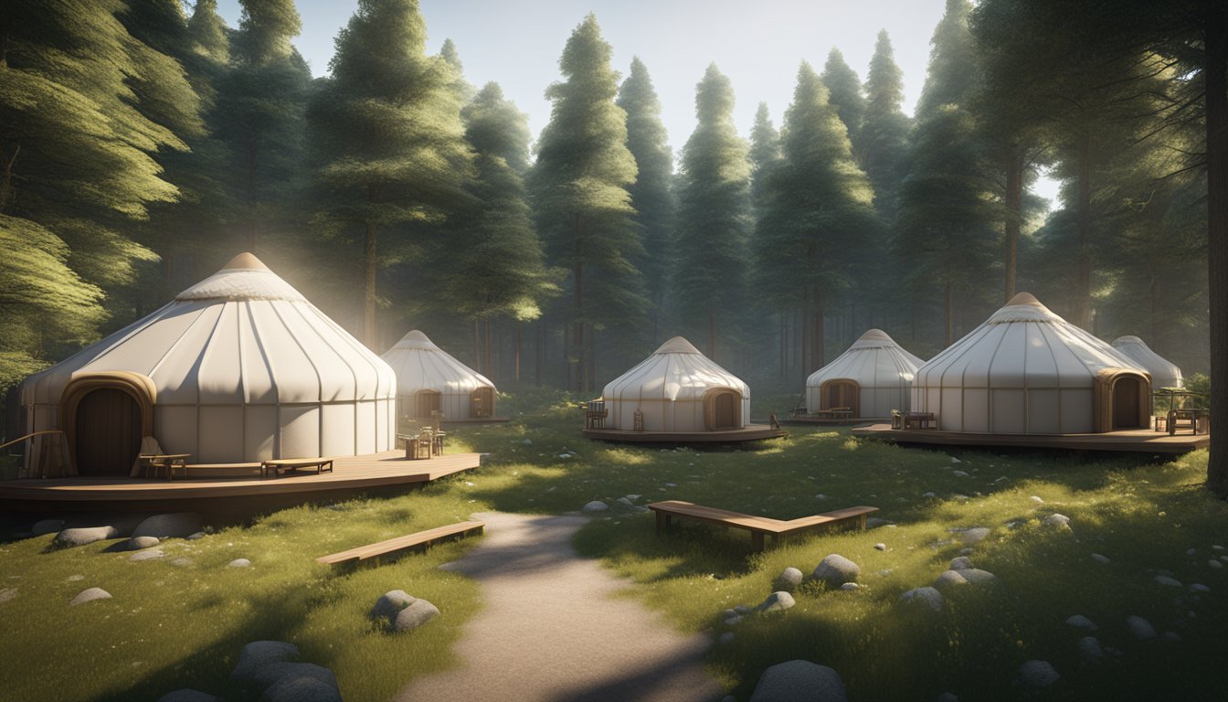A serene forest setting with five cozy yurts nestled among tall trees, each with its own unique design and surrounded by lush greenery
