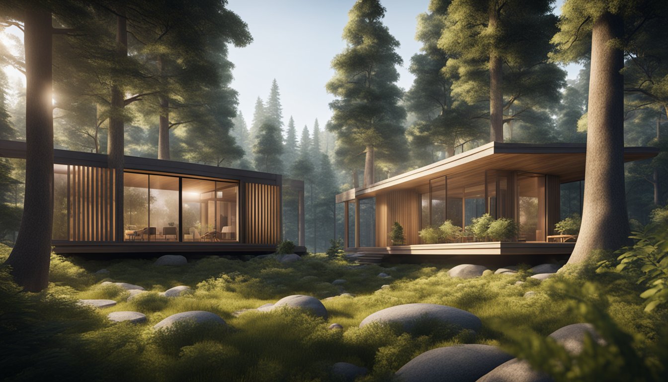 A serene forest setting with modern, sustainable cabins nestled among the trees, surrounded by lush greenery and natural beauty