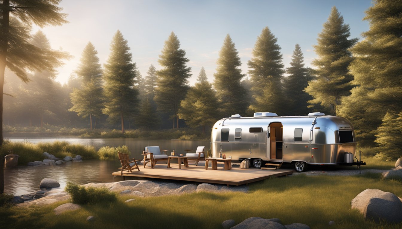 Airstreams nestled along a tranquil riverside, surrounded by lush greenery and cozy campfires, showcasing the ultimate glamping experience in Ontario