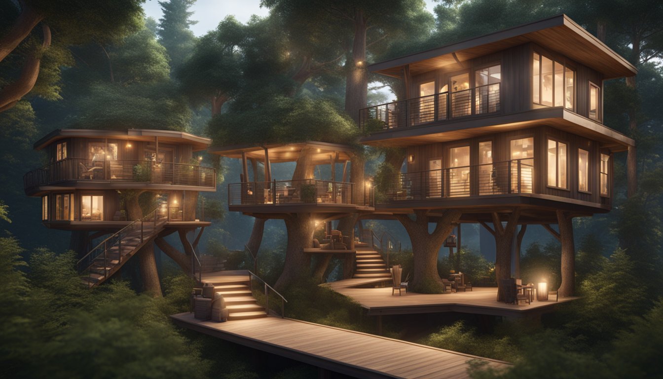 A cluster of majestic treehouses nestled among lush greenery, with twinkling lights and cozy furnishings, surrounded by the serene beauty of Ontario's wilderness