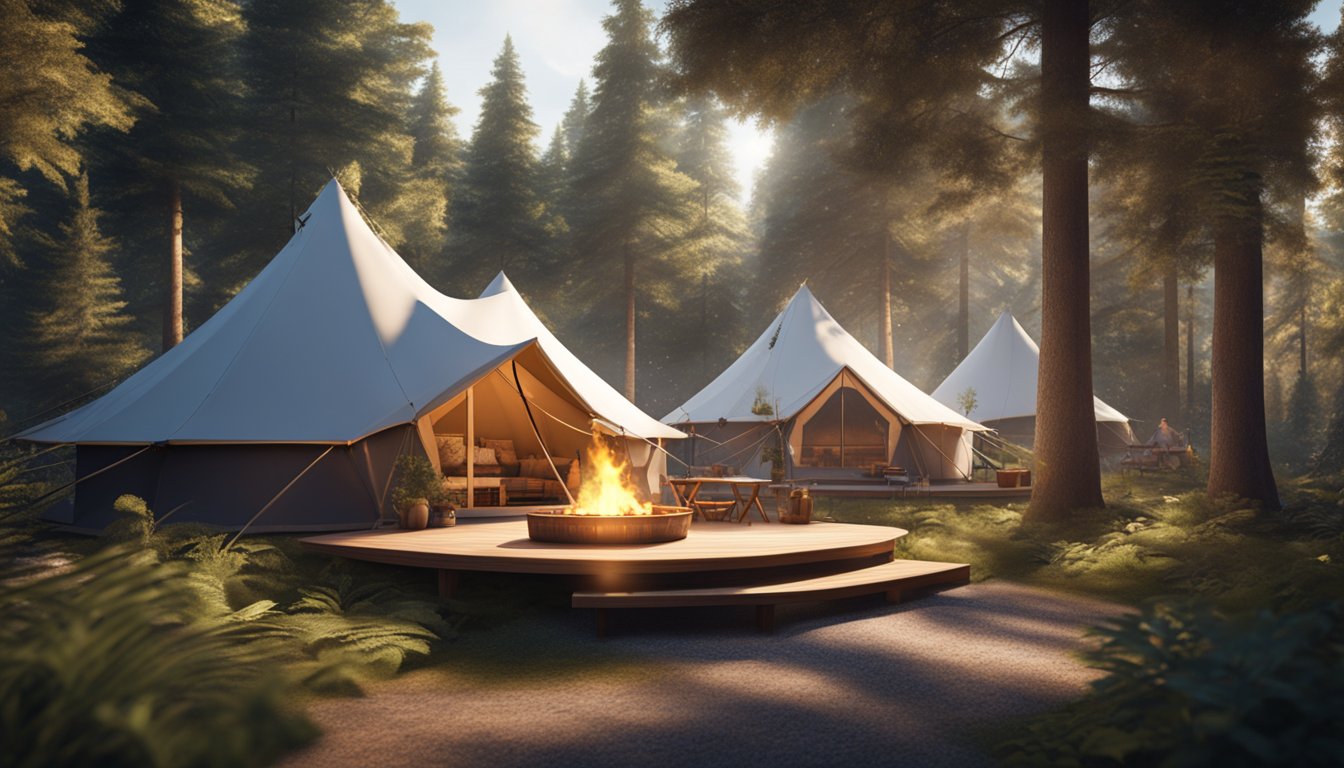 A cozy glamping site nestled in a lush Ontario forest, featuring stylish safari tents, a sparkling communal fire pit, and a tranquil yoga platform surrounded by towering trees