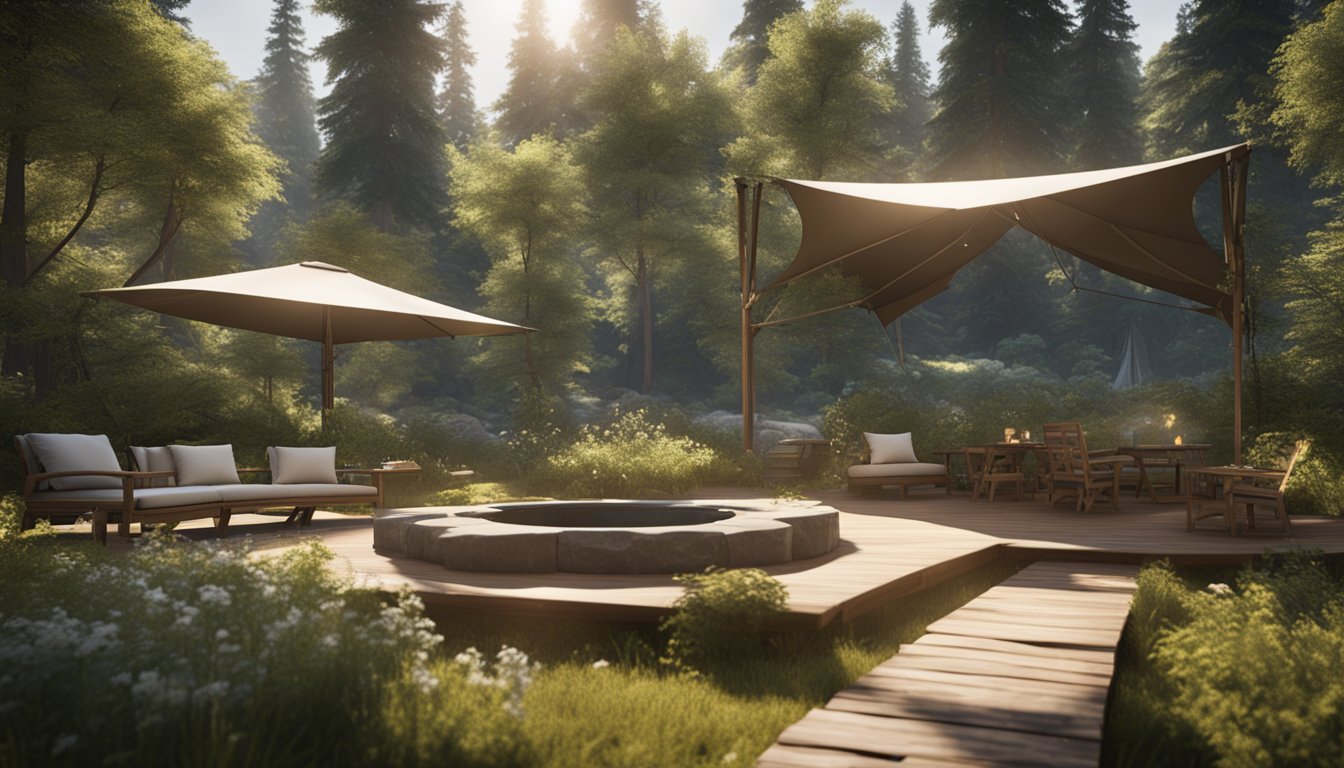 A lush forest setting with upscale tents, cozy fire pits, and elegant outdoor furniture nestled among towering trees and tranquil streams
