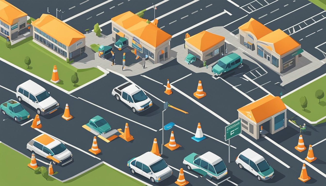 A parking lot in Niagara Falls with traffic cones, maintenance equipment, and a vehicle marked "Traffic and Parking Enforcement."