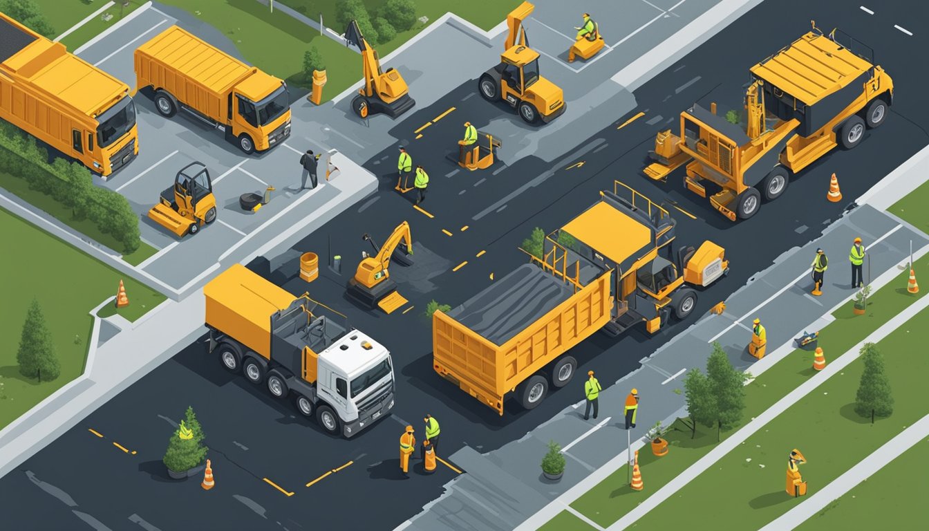 A crew sealcoating a parking lot in Niagara Falls. Trucks and equipment are scattered around as workers apply fresh asphalt