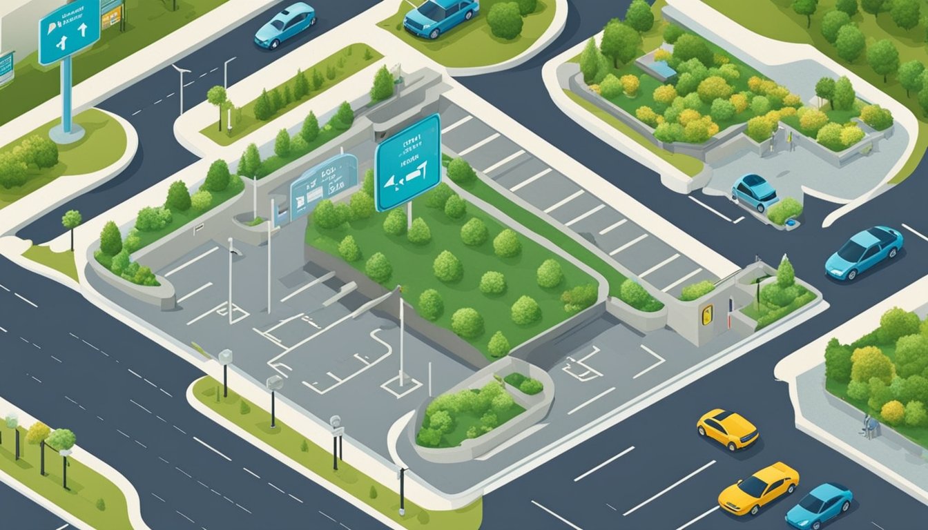 A parking lot in Niagara Falls with clear signage, designated parking spaces, and well-maintained pavement and landscaping