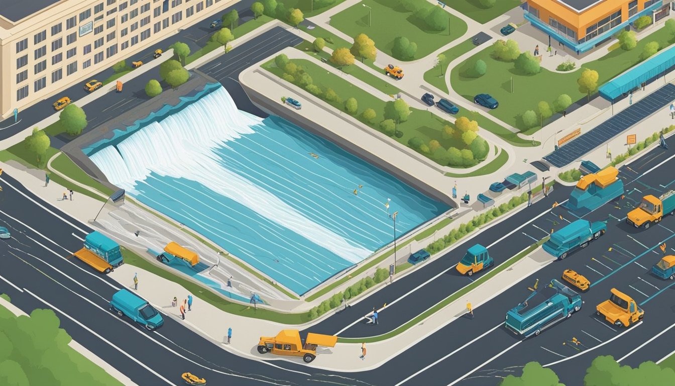 The parking lot at Niagara Falls is being maintained, with workers filling cracks and repainting lines. The sound of rushing water can be heard in the background