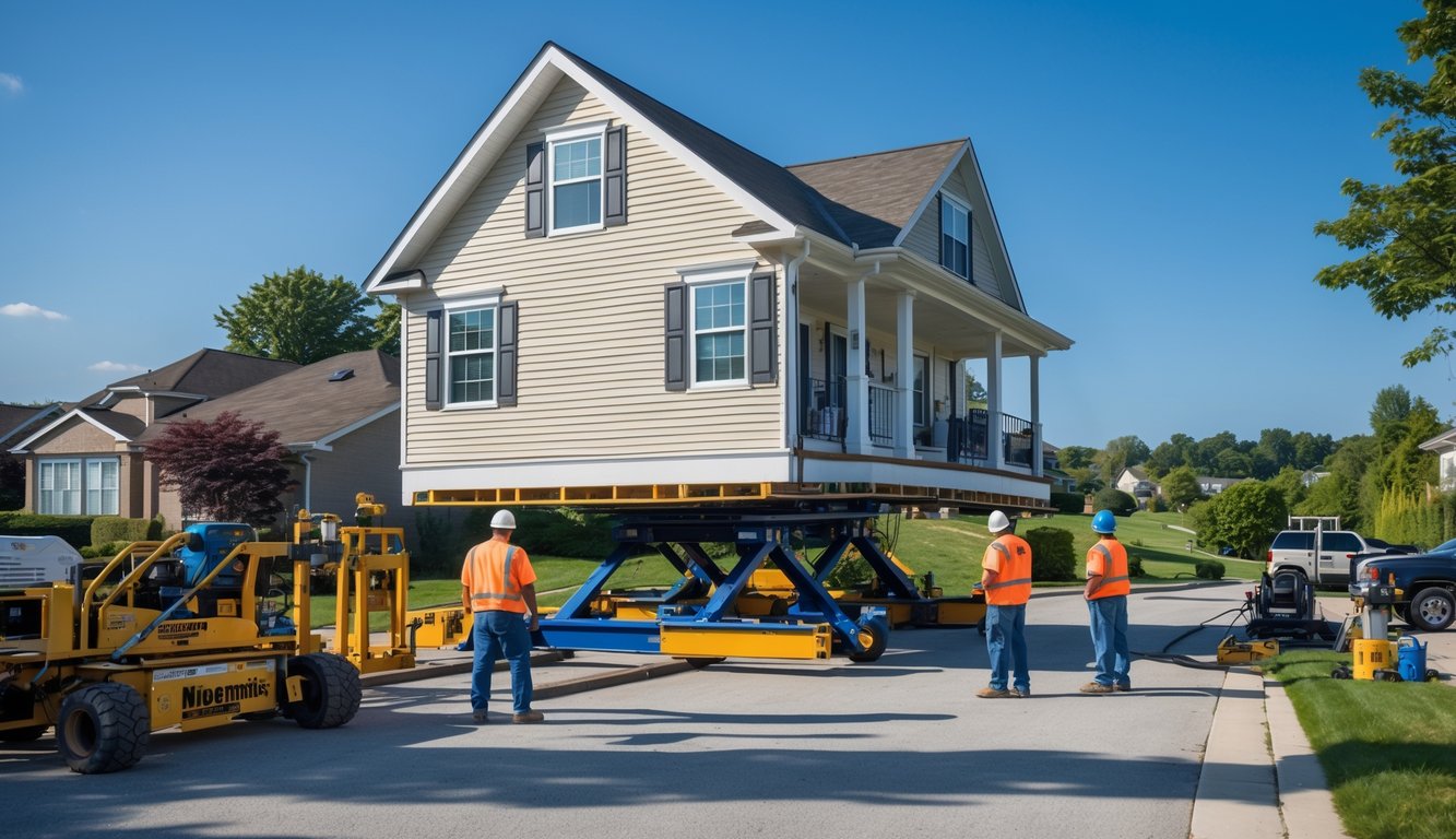 A house elevated on steel jacks with workers monitoring the lifting process in a suburban neighborhood.