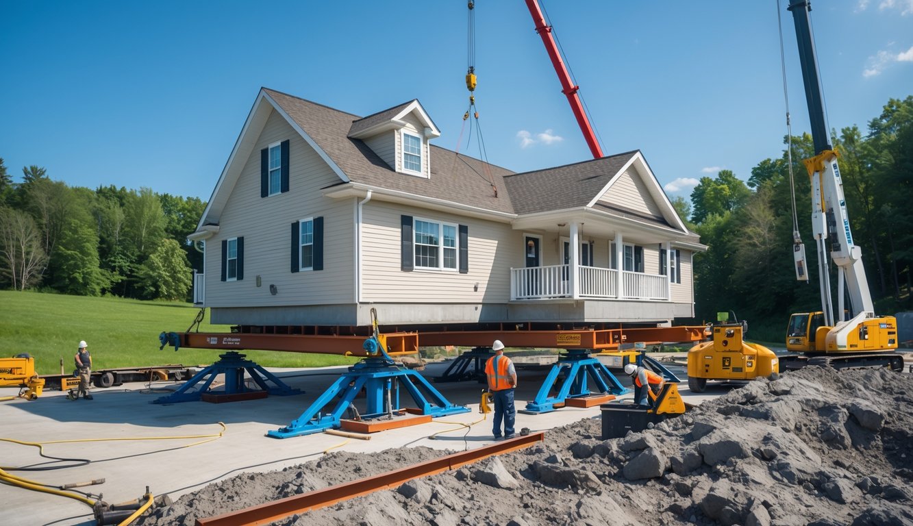 A house elevated on hydraulic jacks with workers inspecting the foundation underneath in a residential area surrounded by trees.