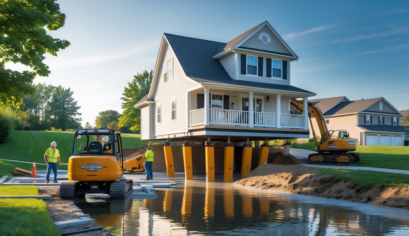 A house in the Niagara Region being lifted on hydraulic jacks by construction workers to improve flood protection and living space.