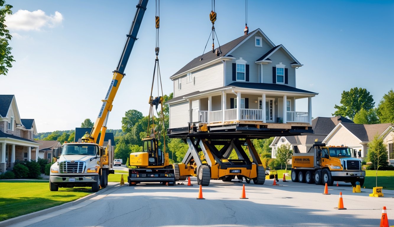 A house elevated on hydraulic jacks with workers and machinery around it in a suburban neighborhood.