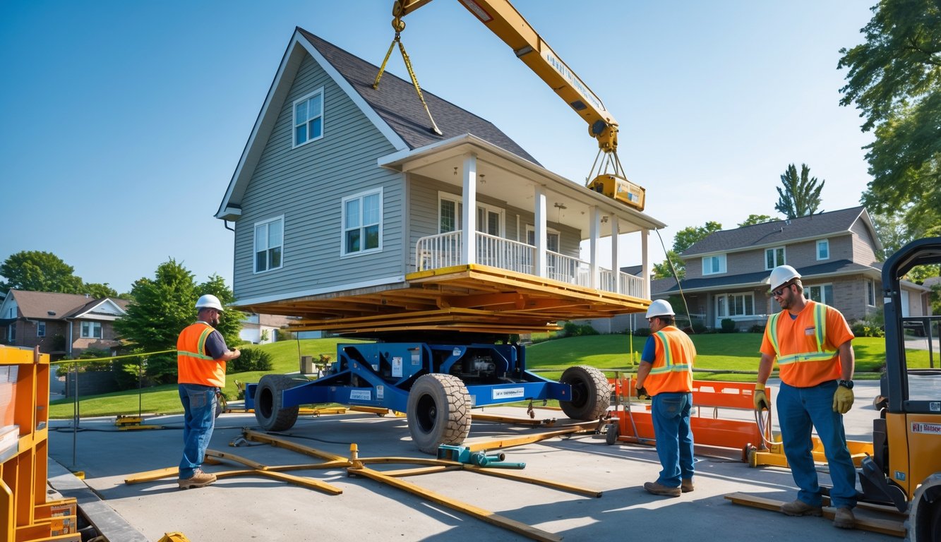 A house lifted on steel beams with construction workers and equipment around it in a suburban neighborhood.