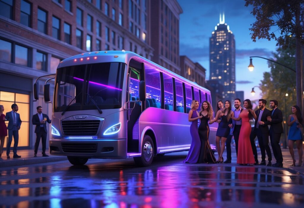 A luxury party bus with colorful lights parked on a city street at twilight, surrounded by people enjoying a celebration.
