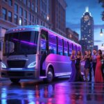 A luxury party bus with colorful lights parked on a city street at twilight, surrounded by people enjoying a celebration.