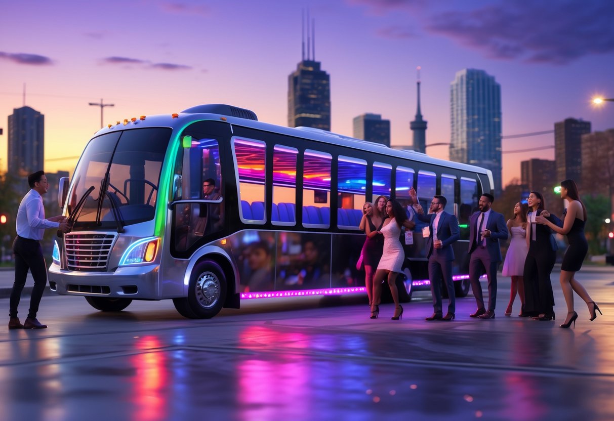 A party bus parked on a city street in Ontario with people dressed for a celebration gathering around it in the evening.