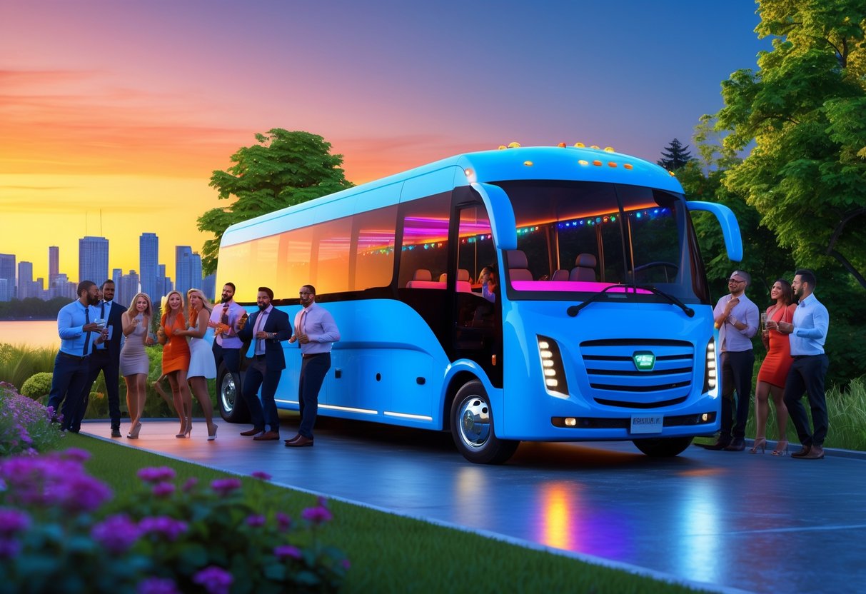 A modern party bus parked outdoors with a group of people celebrating nearby during sunset in Ontario.