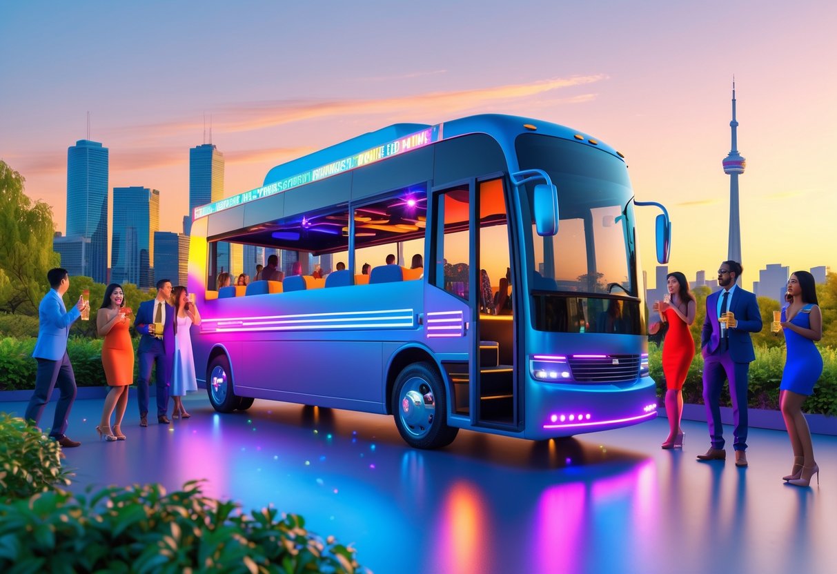A party bus parked in a city with people socializing nearby and a scenic background.
