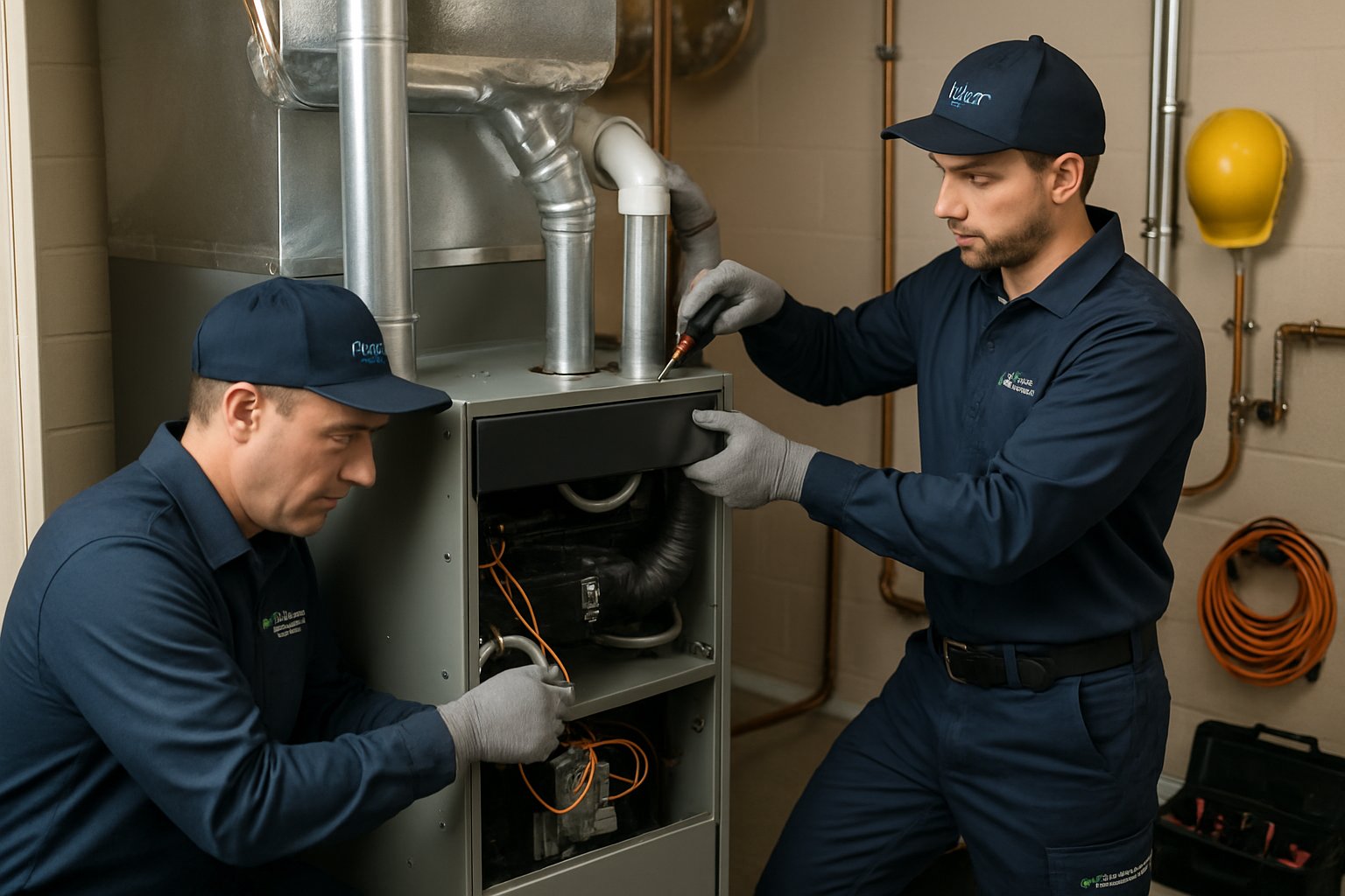 Two technicians installing a furnace in a residential utility room, working with tools and HVAC components.