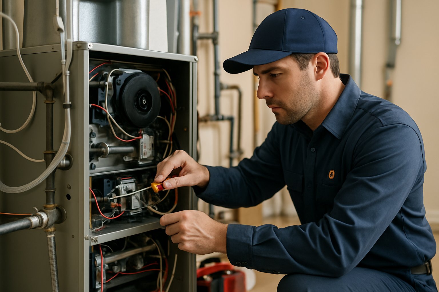 A technician in a uniform inspecting a furnace in a clean utility room with tools and equipment nearby.