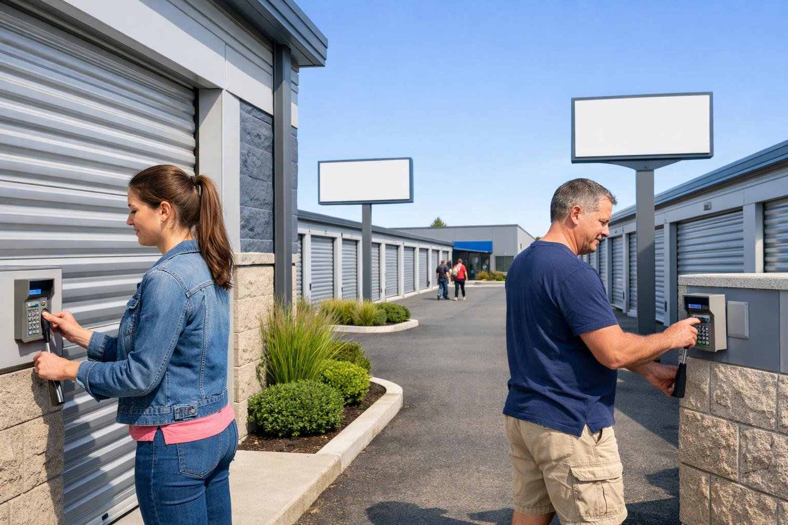 A clean and secure self storage facility with people accessing storage units under clear skies.