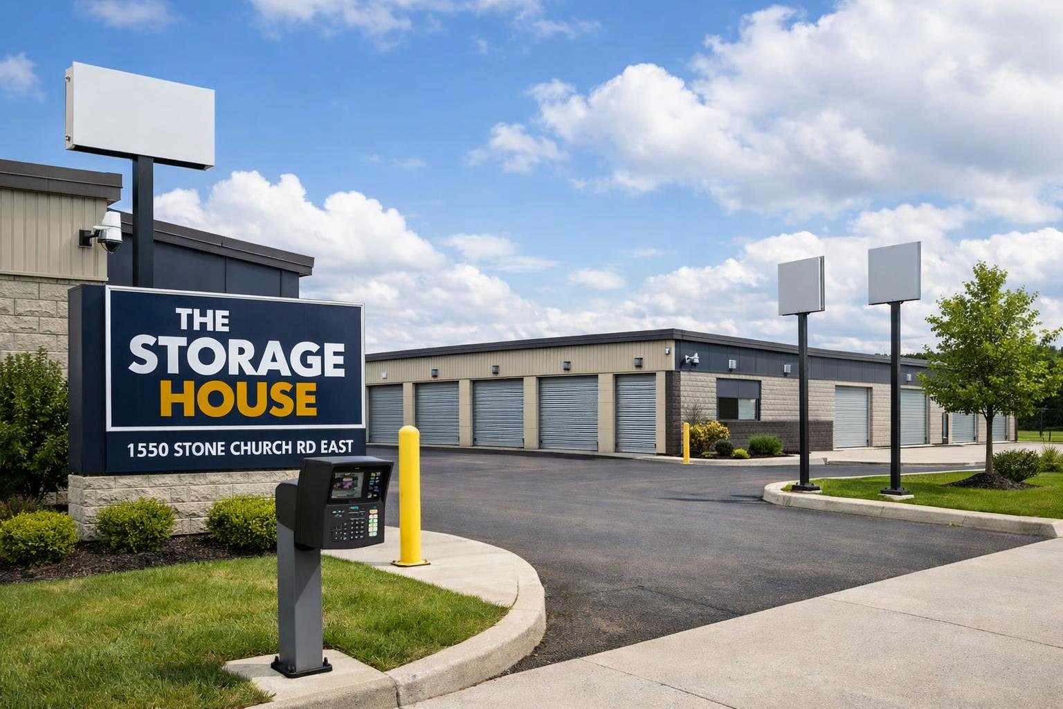 Exterior view of a clean, modern storage facility with multiple storage unit doors, paved driveway, and green landscaping under a partly cloudy sky.