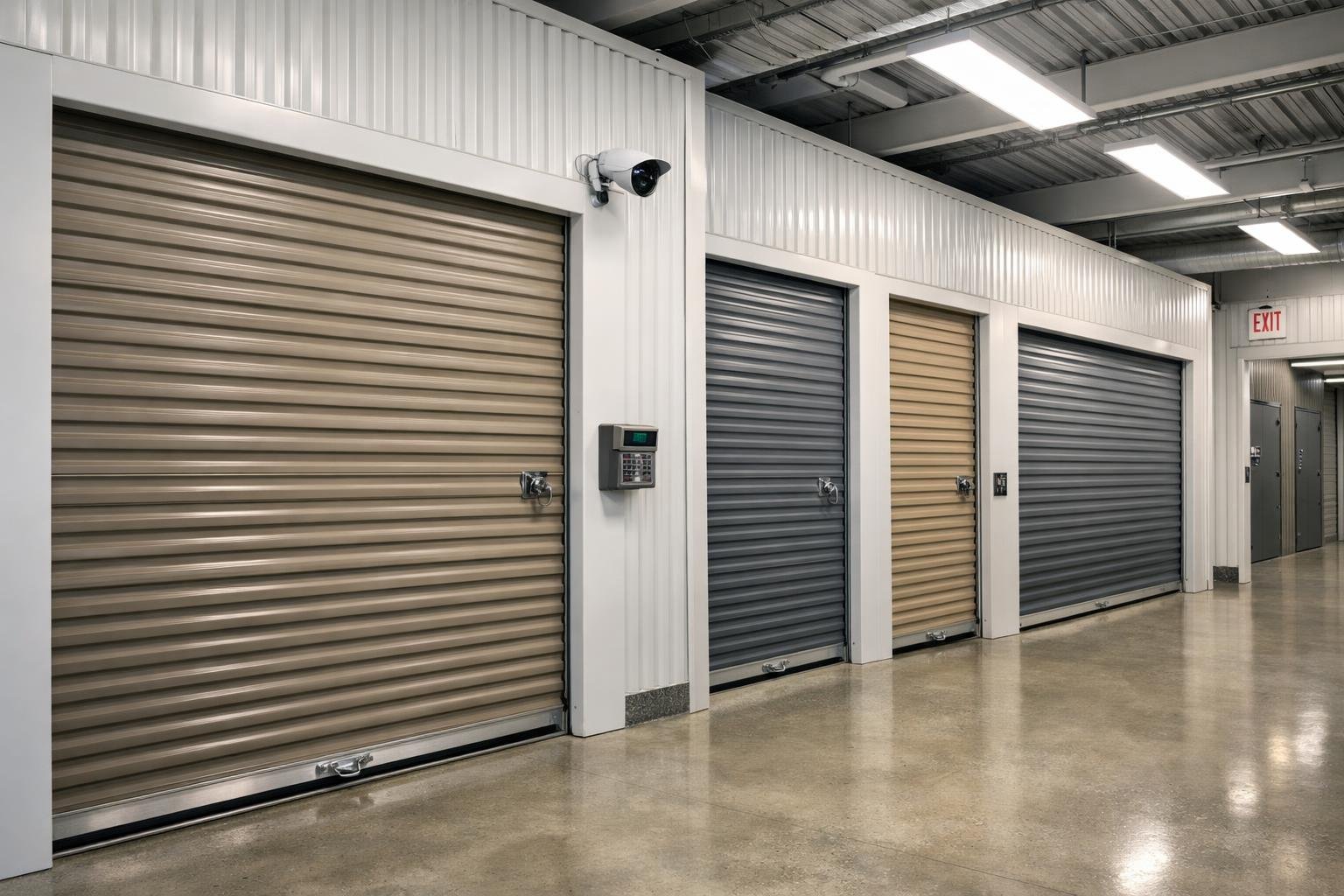 A clean, well-lit corridor with multiple storage units of various sizes and secure doors in a self-storage facility.