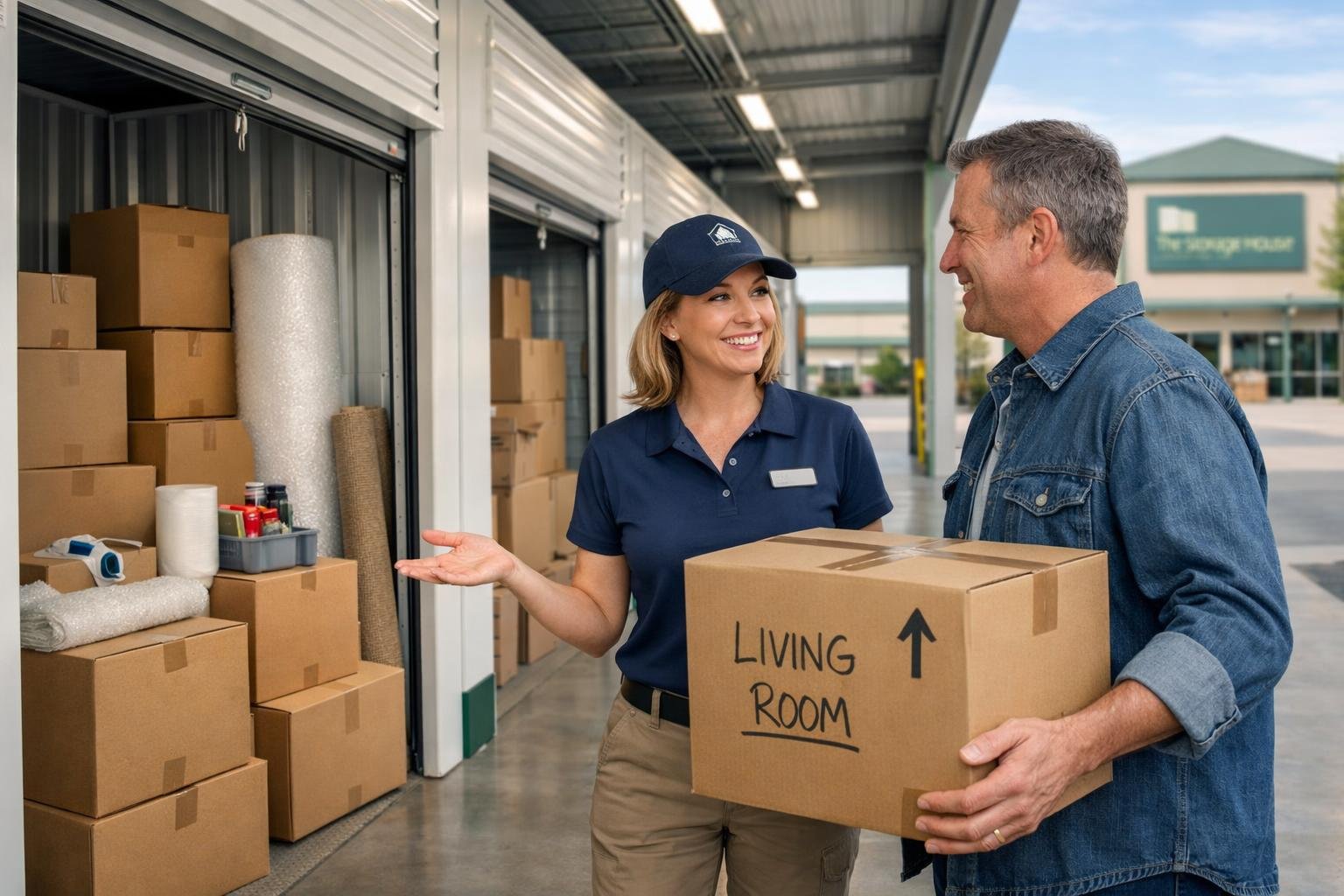 A storage facility with open units showing packed boxes and packing supplies, with a staff member helping a customer.