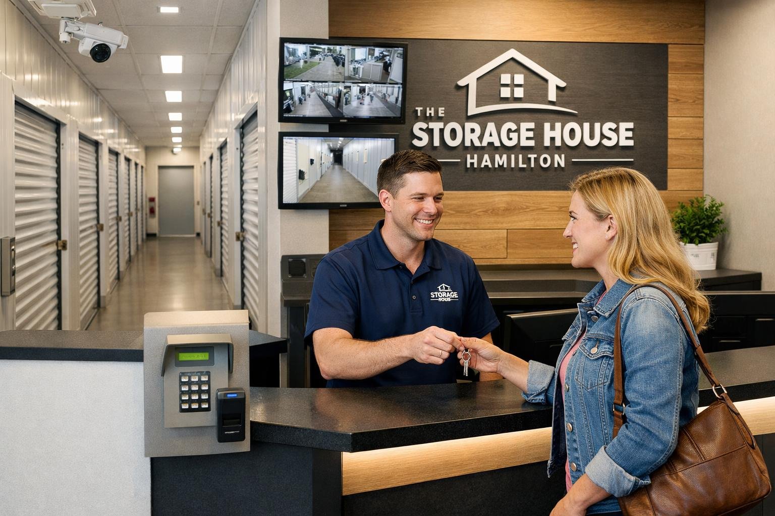 A customer and staff member interacting at a clean, secure storage facility with rows of storage units and visible security features.