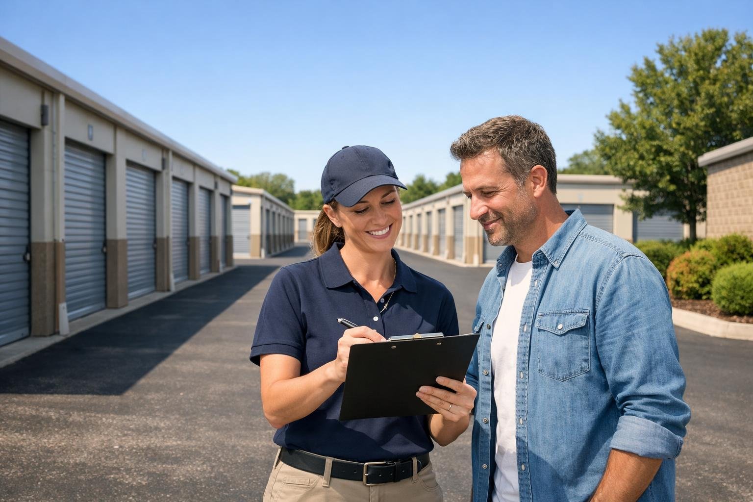A clean and modern self-storage facility with rows of storage units and a staff member helping a customer outdoors.