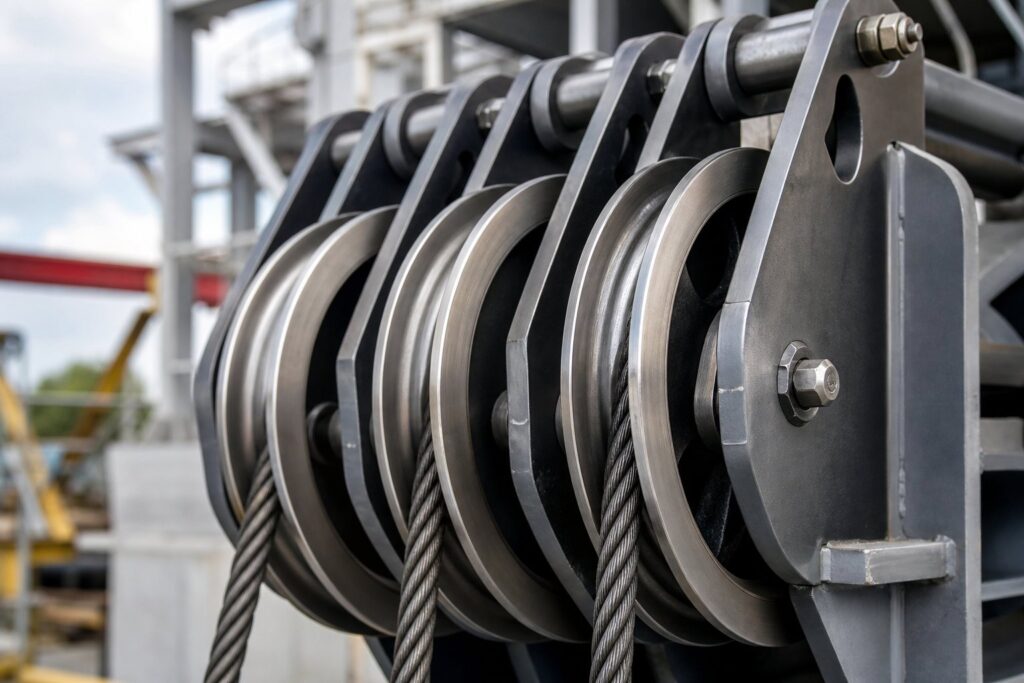Close-up of strong rope sheaves used in lifting and rigging
