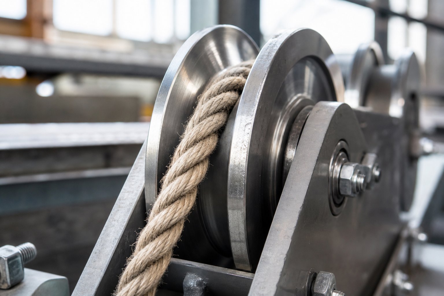 Close-up of a durable metal rope sheave with a thick rope seated in its groove, mounted on industrial equipment.