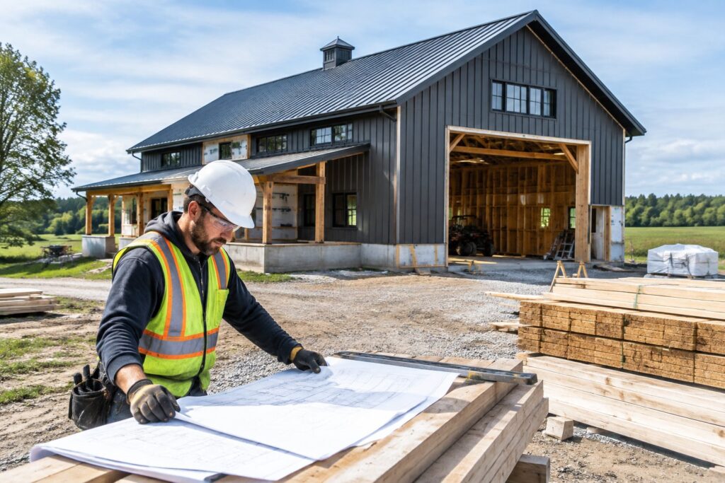 Builder reviews plans beside a partially constructed rural barndominium
