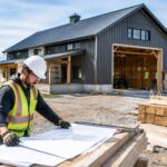 Builder reviews plans beside a partially constructed rural barndominium