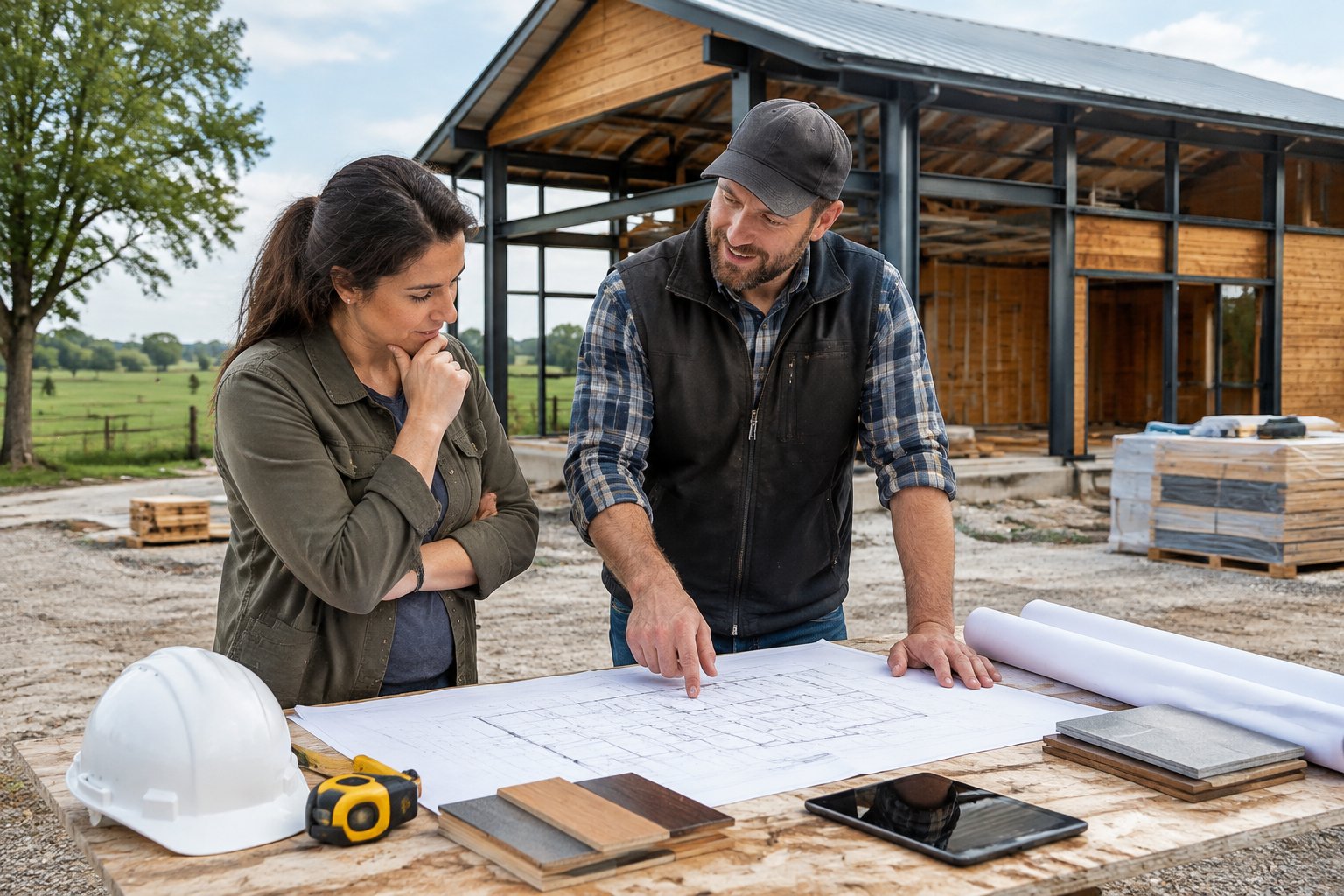 A homeowner and builder review plans at a barndominium construction site.