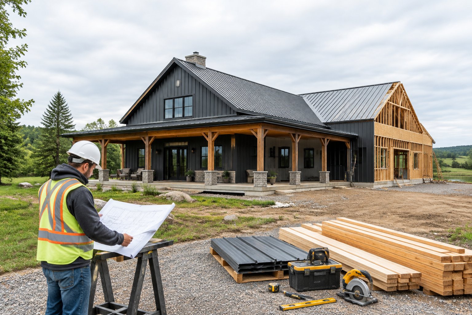 A builder reviews plans beside a barndominium under construction in a rural landscape.