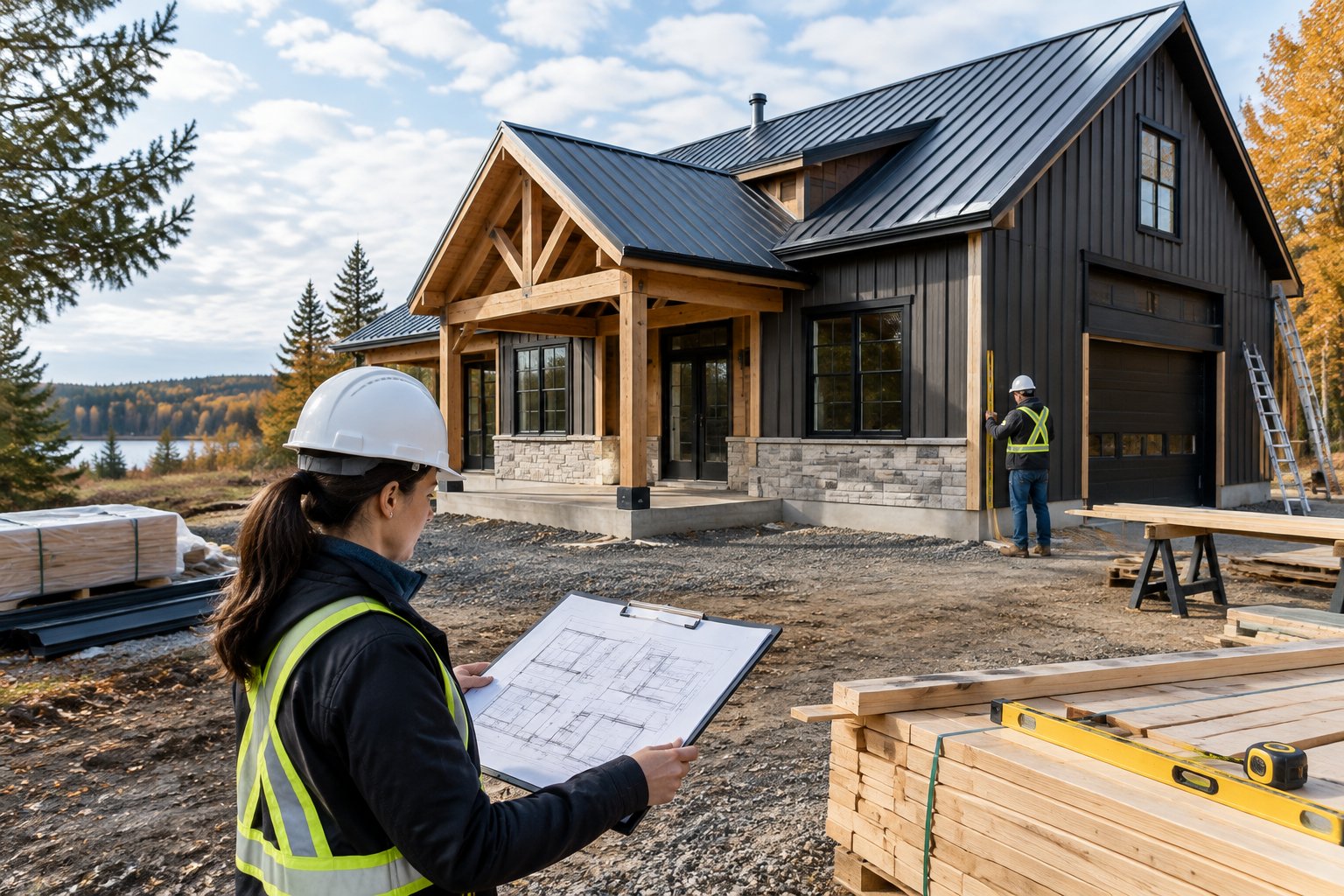 An inspector reviews building plans beside a barndominium under construction.