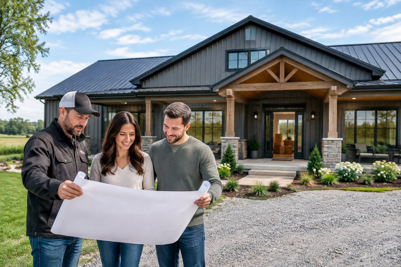A couple reviews plans with their builder outside their completed rural home.