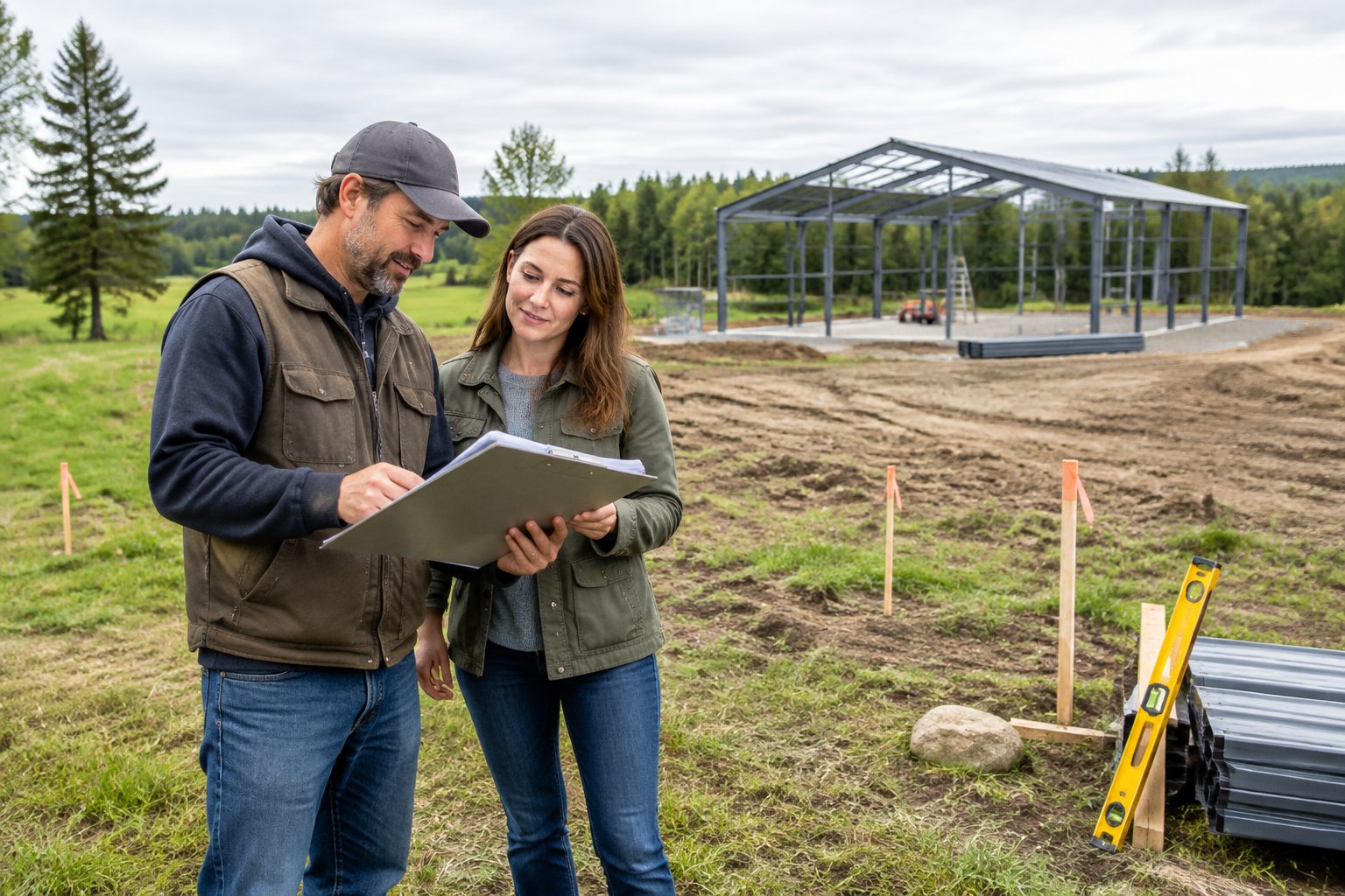 A builder and homeowner review plans at a rural construction site.