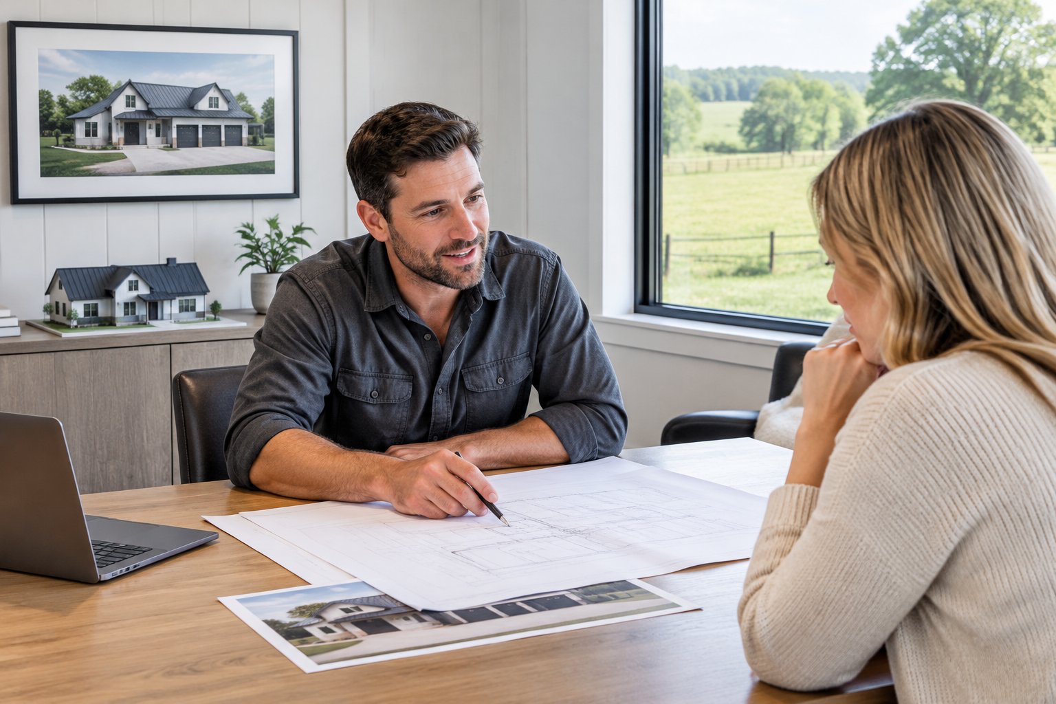 A builder and a prospective homeowner review house plans in a bright office.